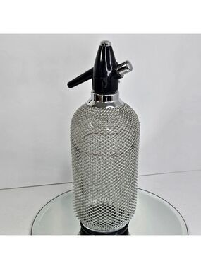 Vintage 14” Glass Soda Siphon Seltzer Bottle Chain Mesh Cover Chrome